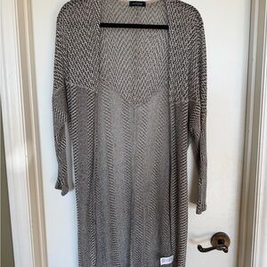 Eclipse Long Open Cardigan Duster Beige Black Knit Lightweight Sweater XS